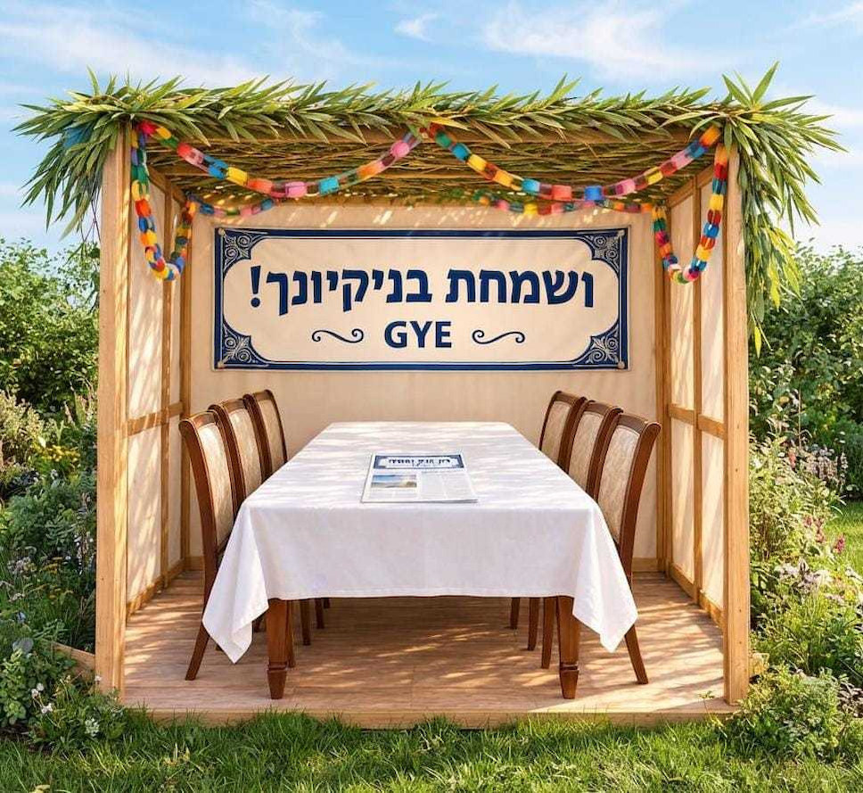 סוכה מקושטת, ועל דופנה שלט: ושמחת בניקיונך! GYE